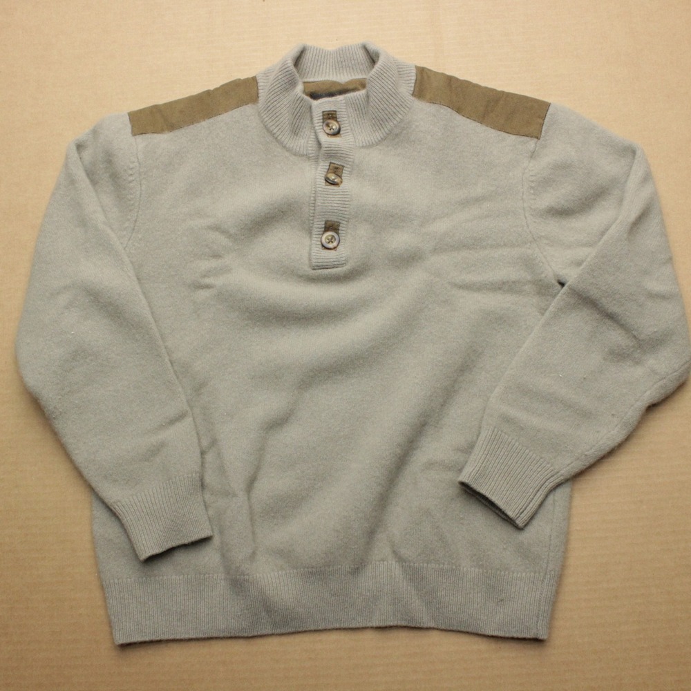 Cabelas 100% Lambswool Sweater Mens L Beige Mock Neck Henley Button Pullover
